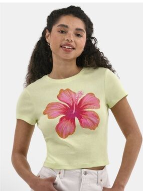 No Boundaries Light Green Pink Hisbiscus Graphic Baby Tee XXL Crop Top Y2K 90s